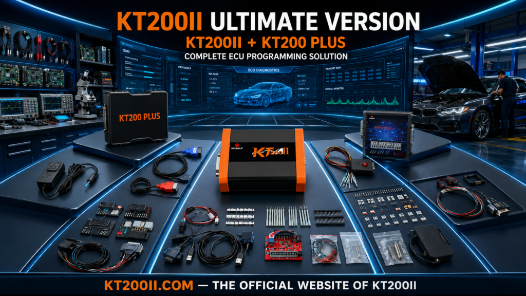 KT200II connected to a BMW Bosch MG1CS003 SPC5777 ECU on Bench for reading, writing and original backup