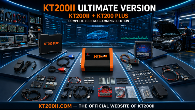 KT200II connected to a BMW Bosch MG1CS003 SPC5777 ECU on Bench for reading, writing and original backup