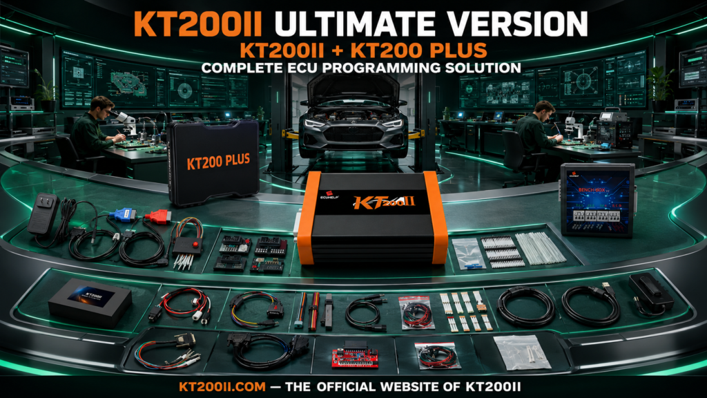 KT200II connected to a Bosch EDC17C46 ECU for Bench wiring verification, original backup and safe programming