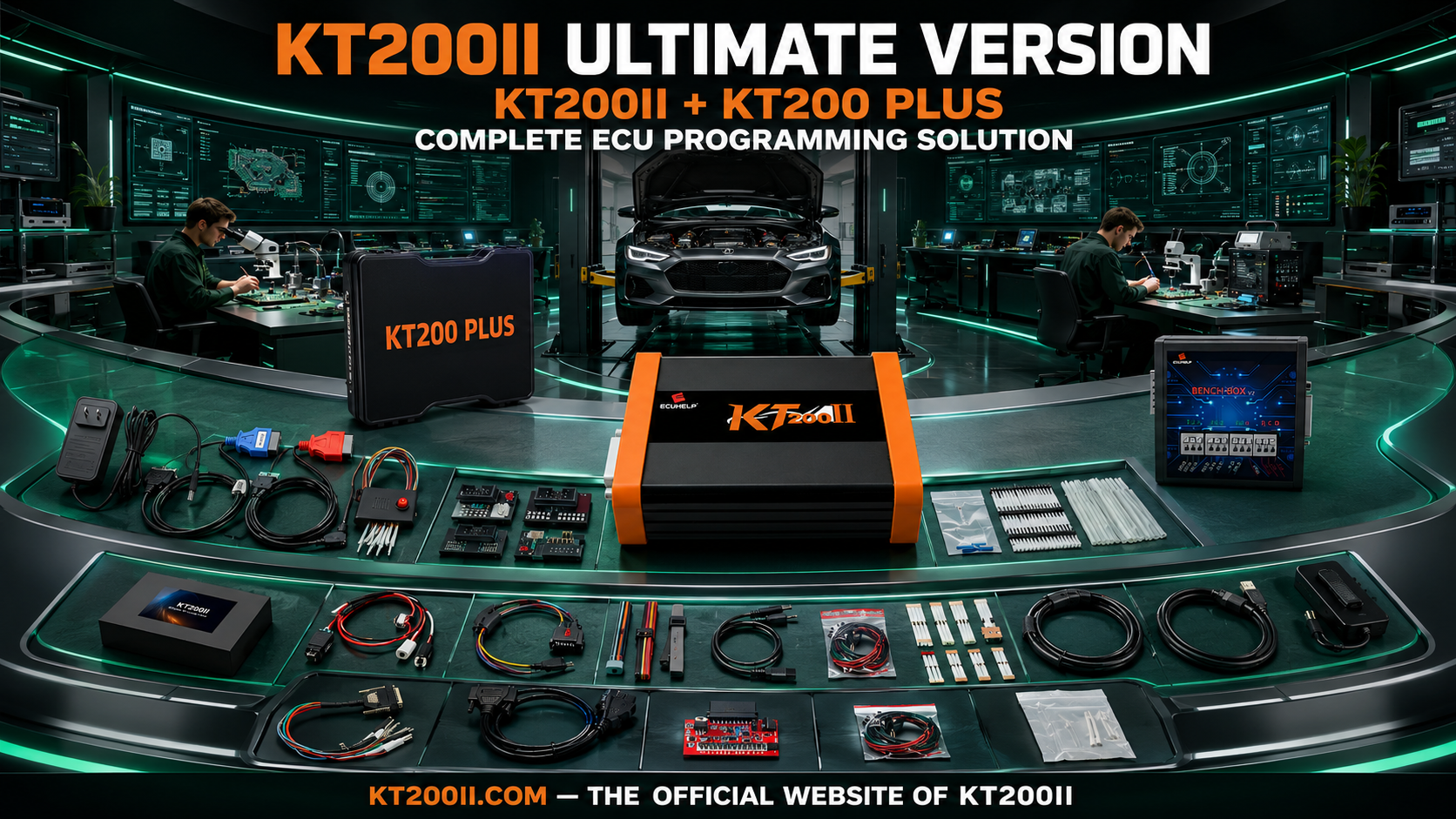 KT200II connected to a Bosch EDC17C46 ECU for Bench wiring verification, original backup and safe programming