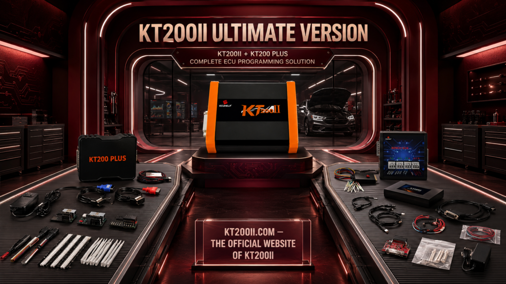 Official KT200II programmer performing Bosch EDC17C64 TC1797 ECU identification, OBD programming and original backup