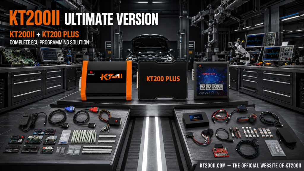 Official KT200II programmer connected to a Bosch MED17.1.1 TC1797 ECU for protocol verification, original backup and safe programming