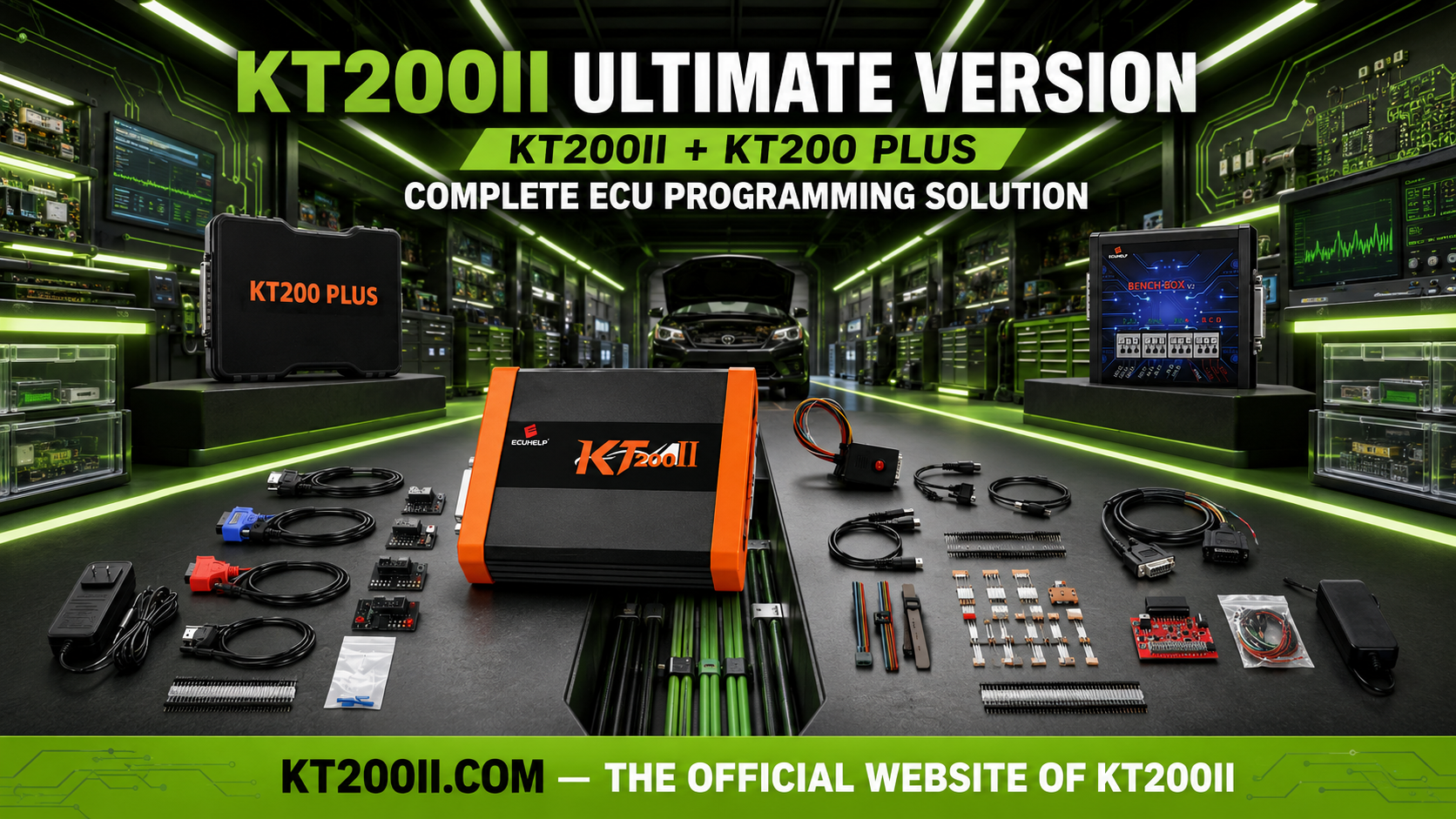 KT200II connected to a Bosch MED17.5.5 TC1766 ECU for identification, backup and safe programming