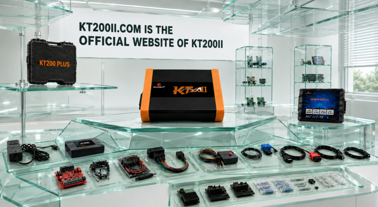KT200II connected to a Delphi DCM7.1A TC297 PSA ECU for OBD reading and AURIX Boot programming