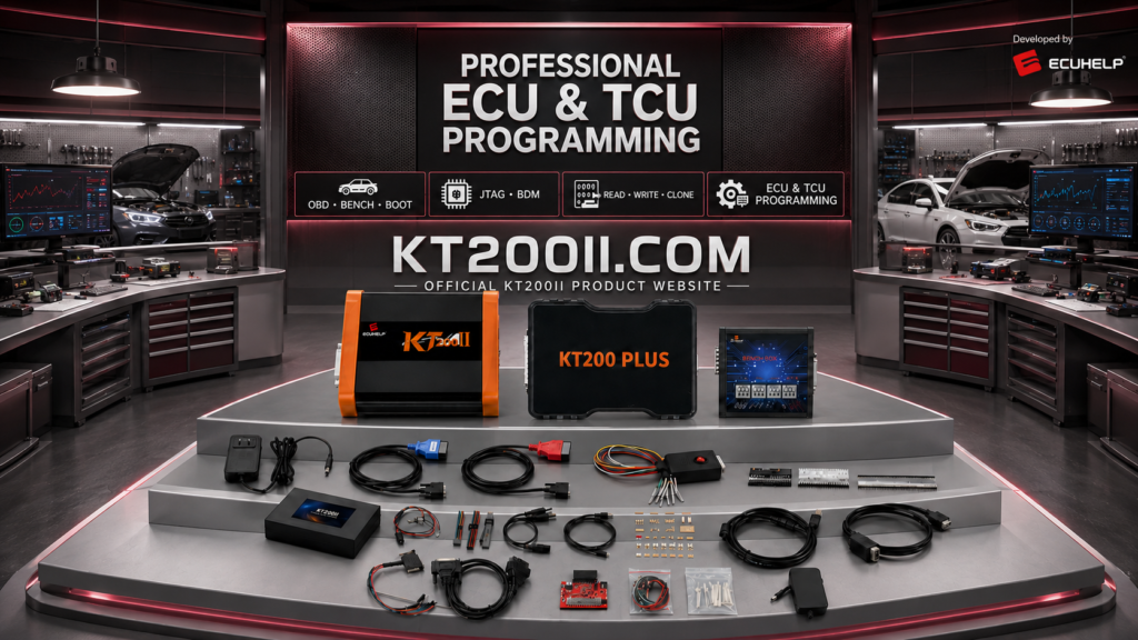 KT200II connected to a Land Rover Bosch MED17.8.31 TC1797 gasoline ECU for Bench reading and writing