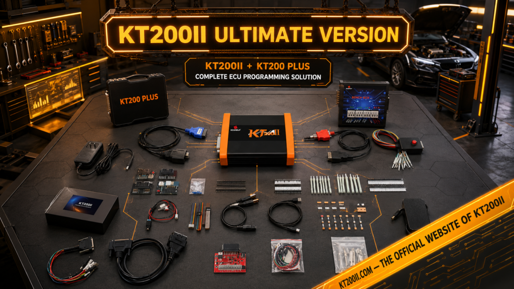 KT200II Supported Vehicles Finder showing ECU TCU protocol search and OBD Bench Boot compatibility results