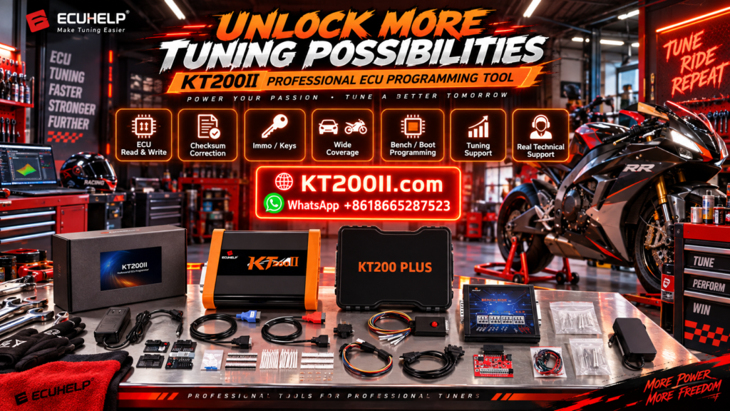 KT200II ECU Programmer supported vehicles database showing ECU TCU compatibility search and programming modes