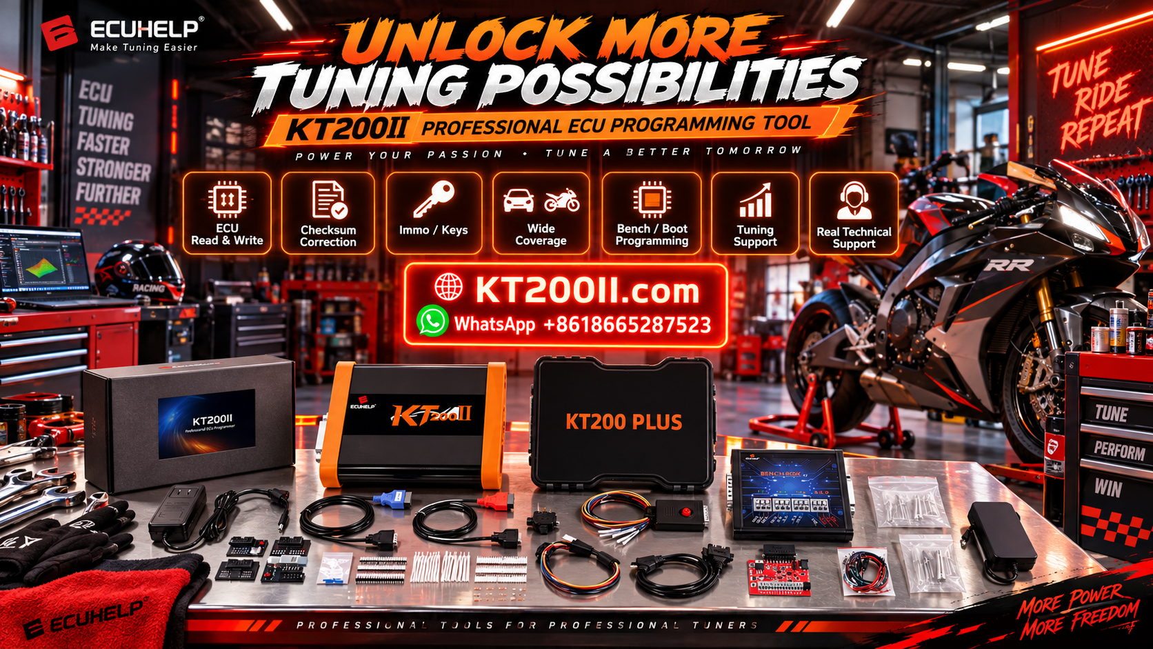 KT200II ECU Programmer supported vehicles database showing ECU TCU compatibility search and programming modes