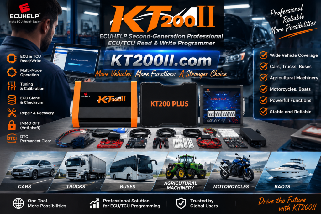 KT200II ECU programmer connected to a tractor ECU in a professional agricultural machinery repair workshop