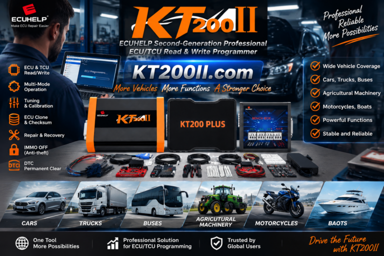 KT200II ECU programmer connected to a tractor ECU in a professional agricultural machinery repair workshop