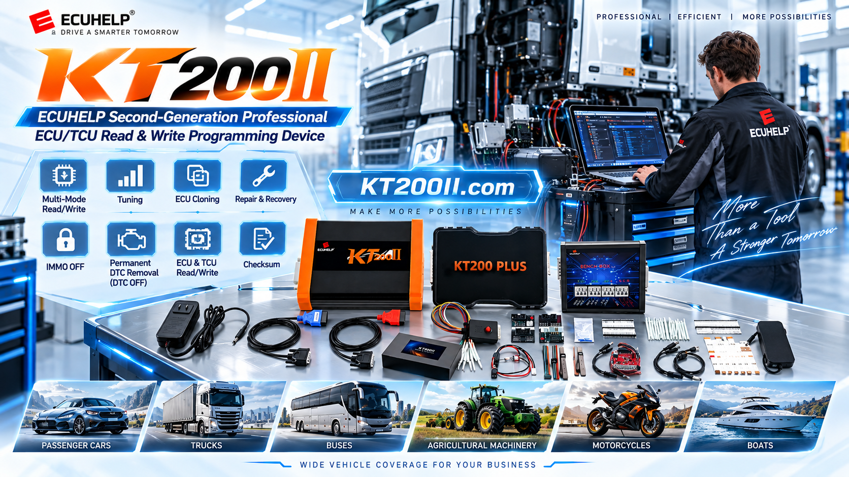 Professional KT200II ECU bench programming workstation with organized cables and power supply