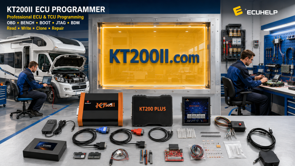 KT200II connected to a Bosch EDC17C46 TC1767 VAG ECU for Bench identification, original backup and safe programming
