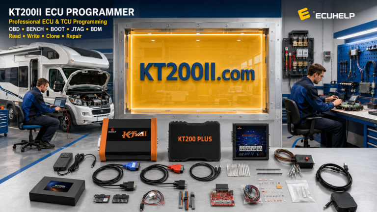 KT200II connected to a Bosch EDC17C46 TC1767 VAG ECU for Bench identification, original backup and safe programming