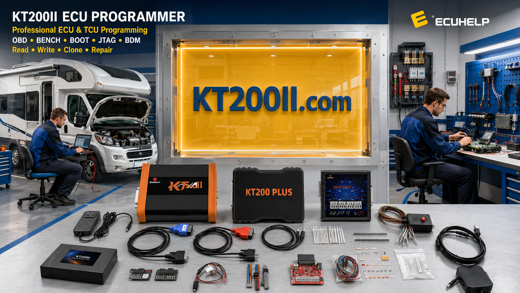 KT200II connected to a Bosch EDC17C46 TC1767 VAG ECU for Bench identification, original backup and safe programming