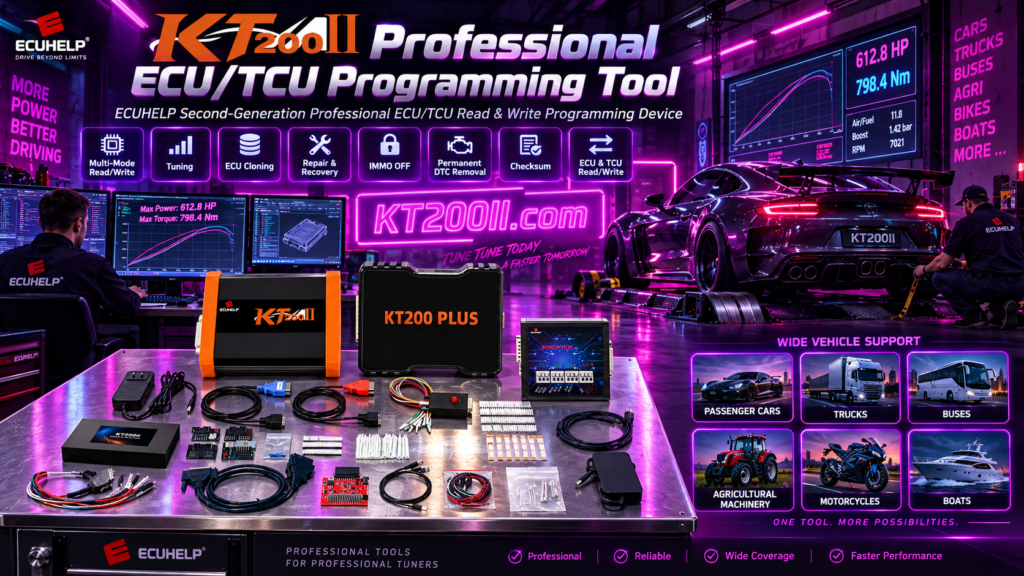 KT200II Bosch EDC17C74 ECU programming setup with Bench harness and regulated power supply