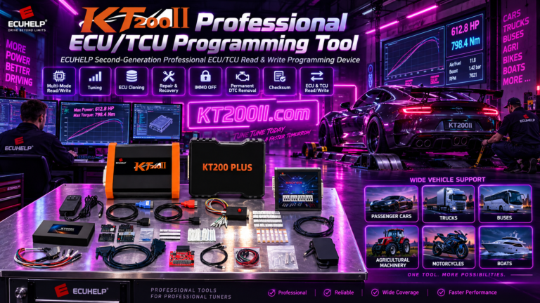 KT200II Bosch EDC17C74 ECU programming setup with Bench harness and regulated power supply