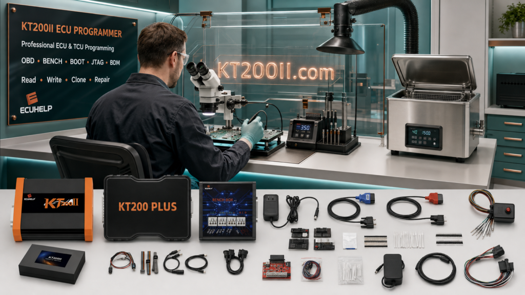 KT200II connected to a Bosch ME17.9.20 TC1782 Renault Smart gasoline ECU for Bench wiring verification, full backup and safe programming