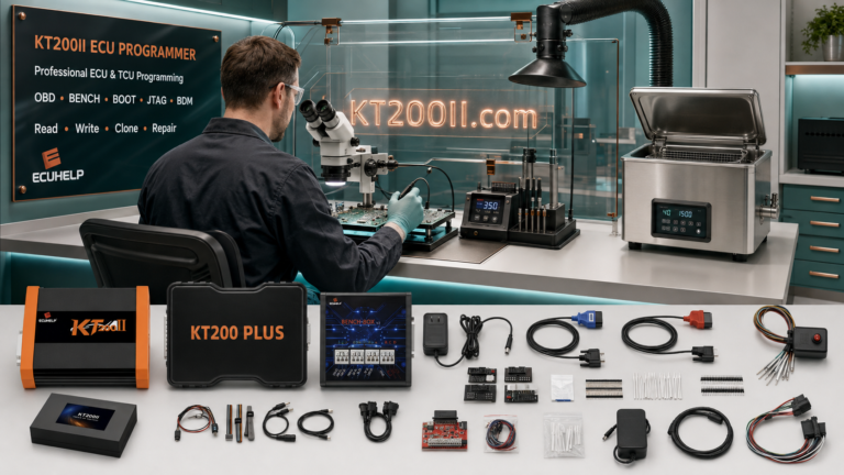 KT200II connected to a Bosch ME17.9.20 TC1782 Renault Smart gasoline ECU for Bench wiring verification, full backup and safe programming