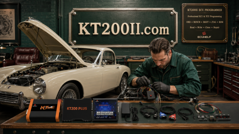 KT200II connected to a Bosch MED17.5.21 TC1782 VAG gasoline ECU for Bench identification, backup and safe programming