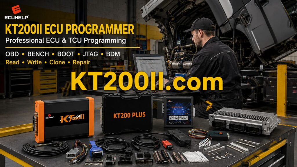 KT200II connected to a Continental SID209 TC1797 Ford diesel ECU for Bench identification, original backup and safe programming