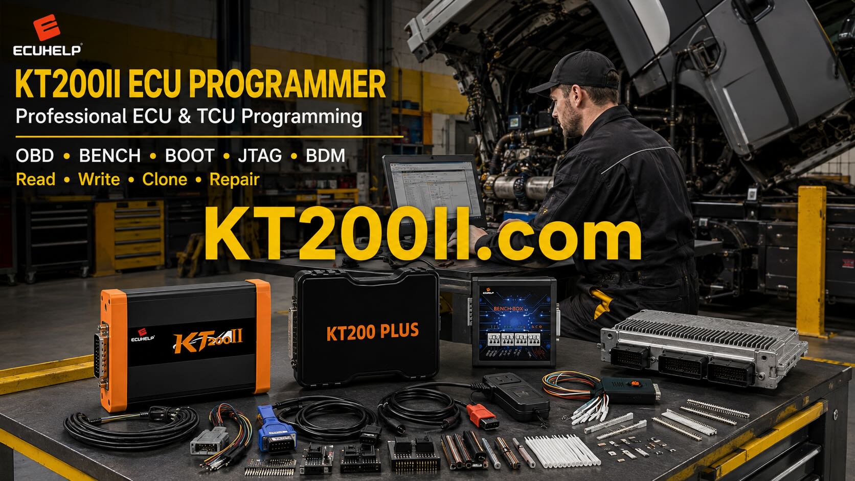 KT200II connected to a Continental SID209 TC1797 Ford diesel ECU for Bench identification, original backup and safe programming