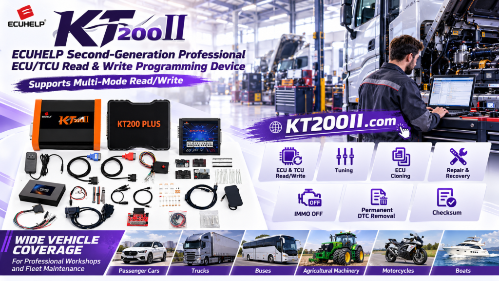 Technician verifying ECU checksum data with the KT200II ECU programmer