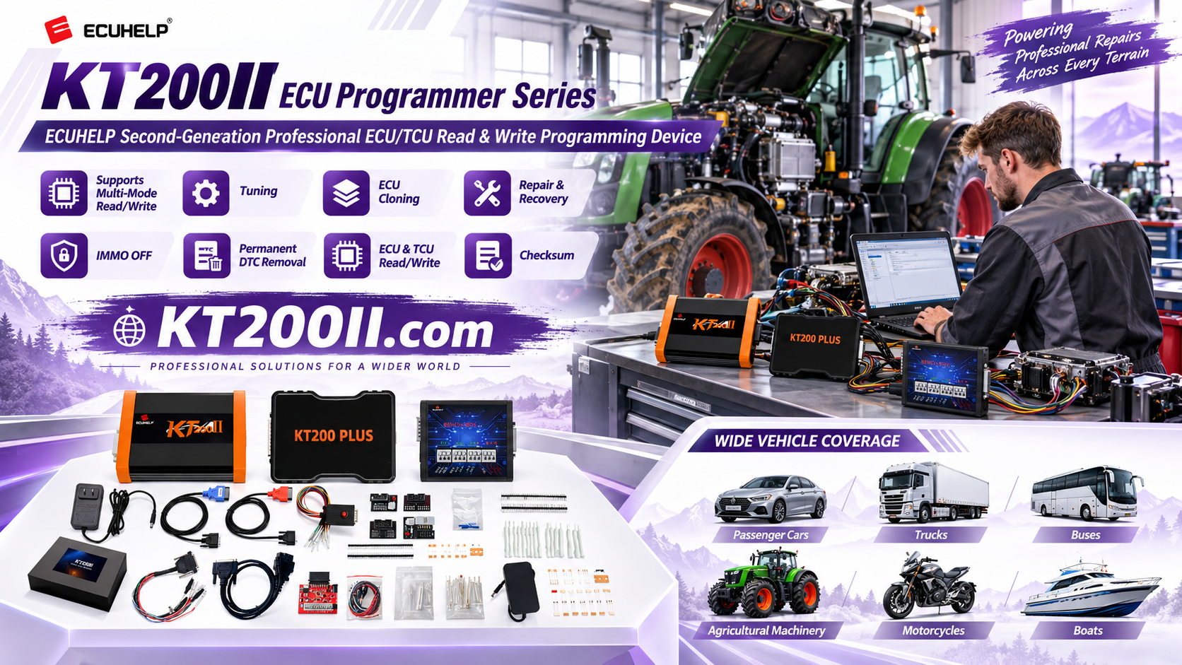 Technician diagnosing an ECU communication error with the KT200II programmer