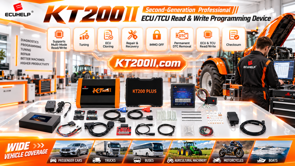 Technician inspecting ECU connector pins before KT200II programming