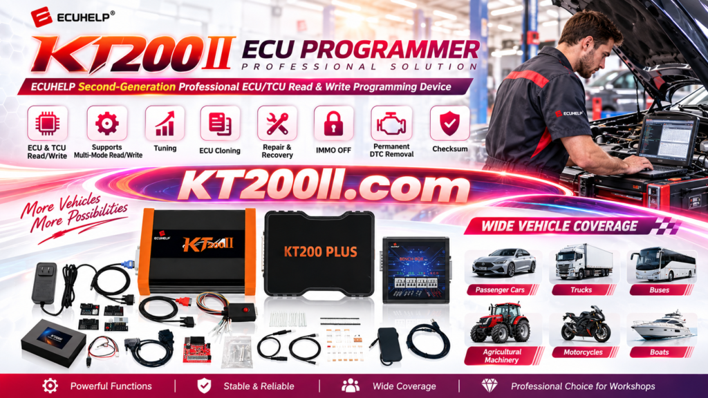 Technician checking ECU connectors and pinout before KT200II programming