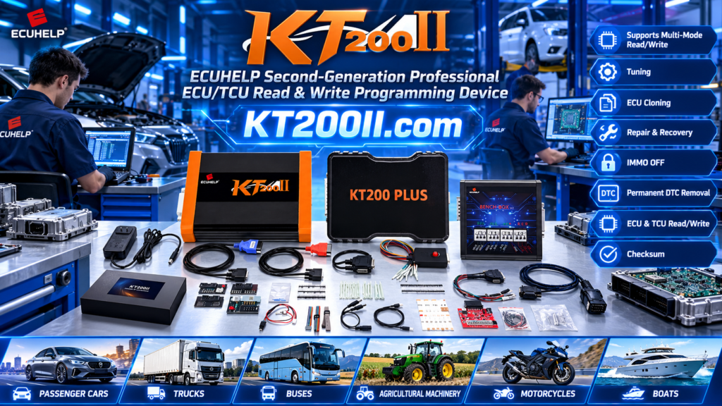 KT200II technician backing up and verifying ECU data in a professional workshop