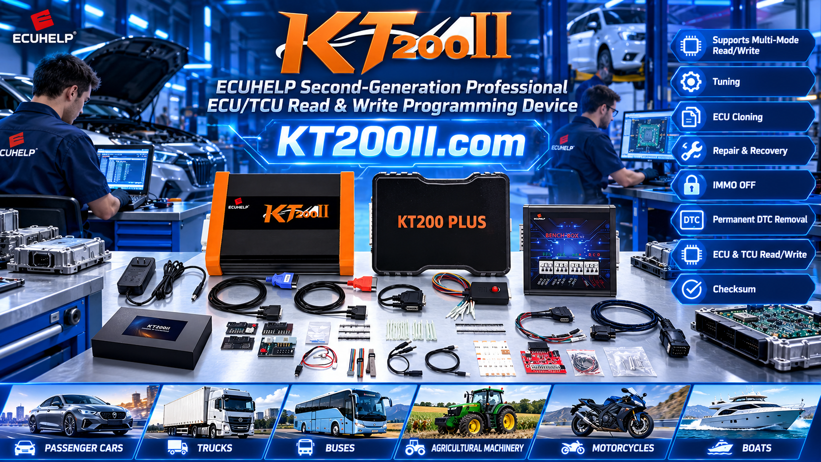 KT200II technician backing up and verifying ECU data in a professional workshop