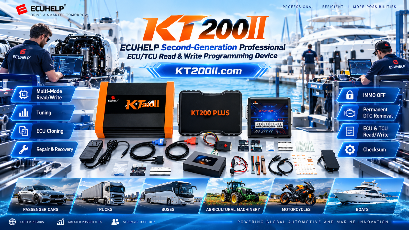 Technician comparing ECU hardware and software identification before KT200II programming