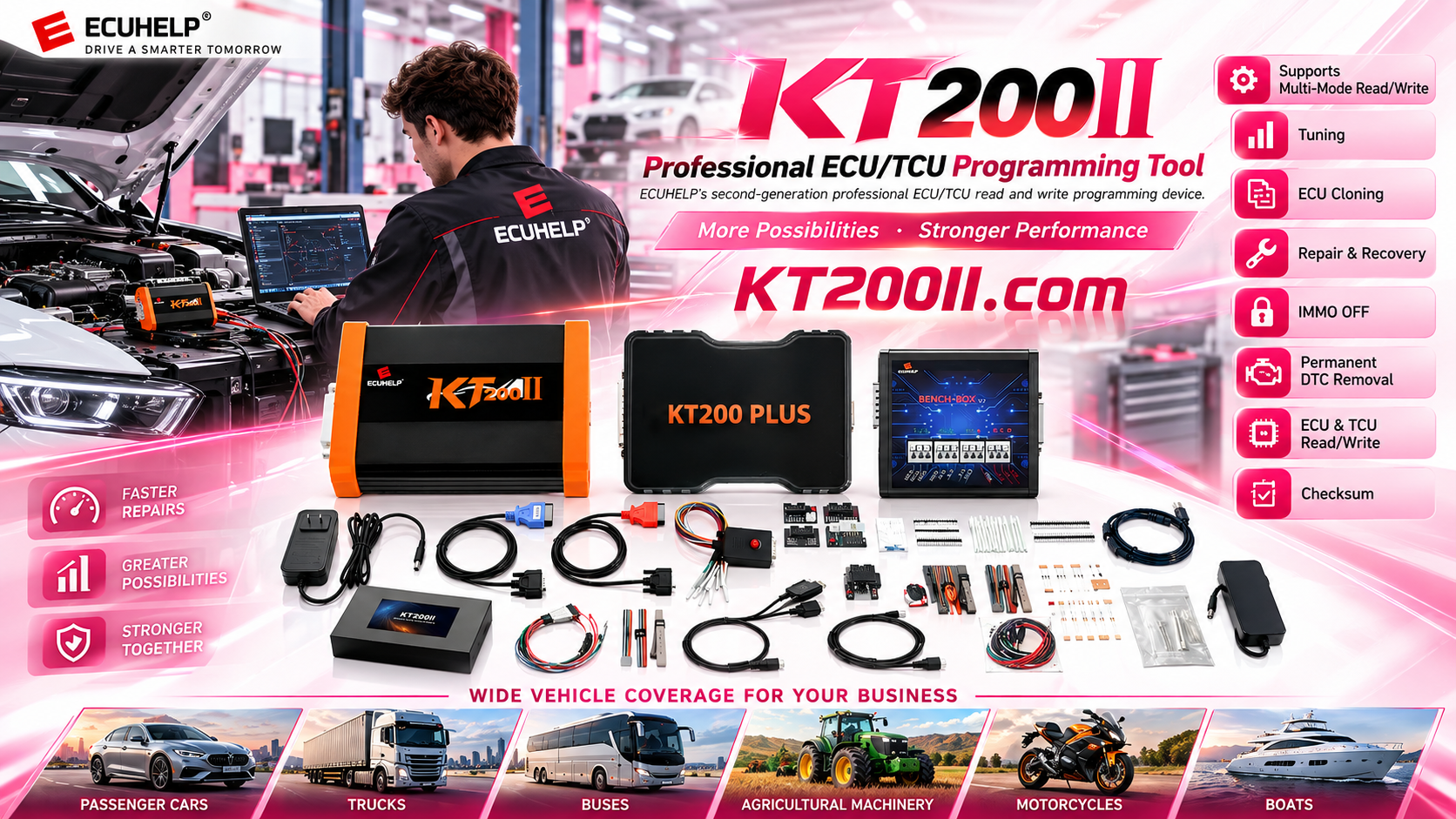 Technician verifying ECU pinout and connector wiring before using the KT200II ECU programmer