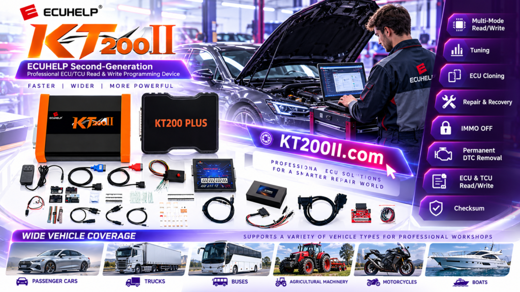 Technician performing pre-scan and post-scan checks with KT200II