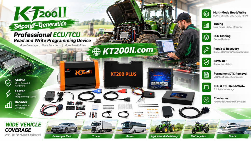 Technician preparing KT200II ECU programming cables and workshop accessories