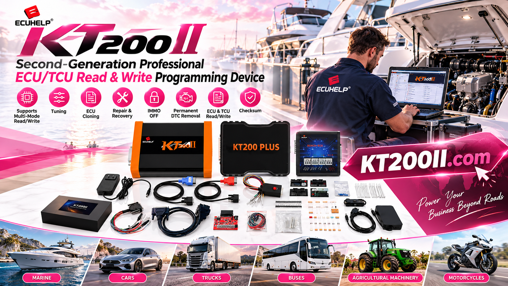 Technician selecting and inspecting the correct KT200II ECU programming adapter