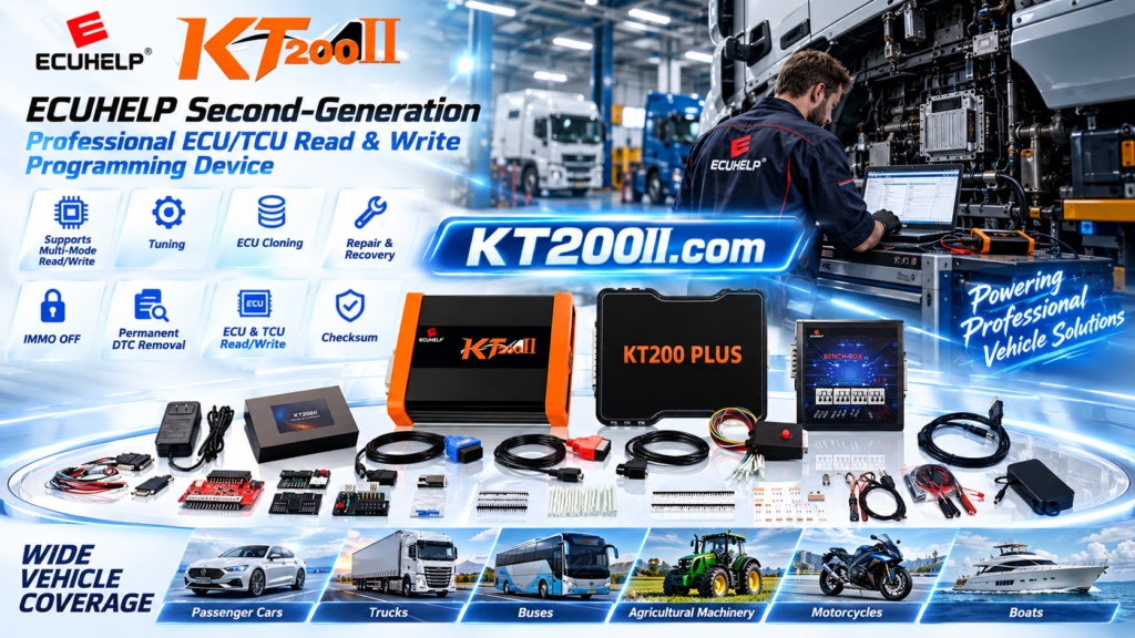 Technician completing a KT200II ECU programming job card in an automotive workshop