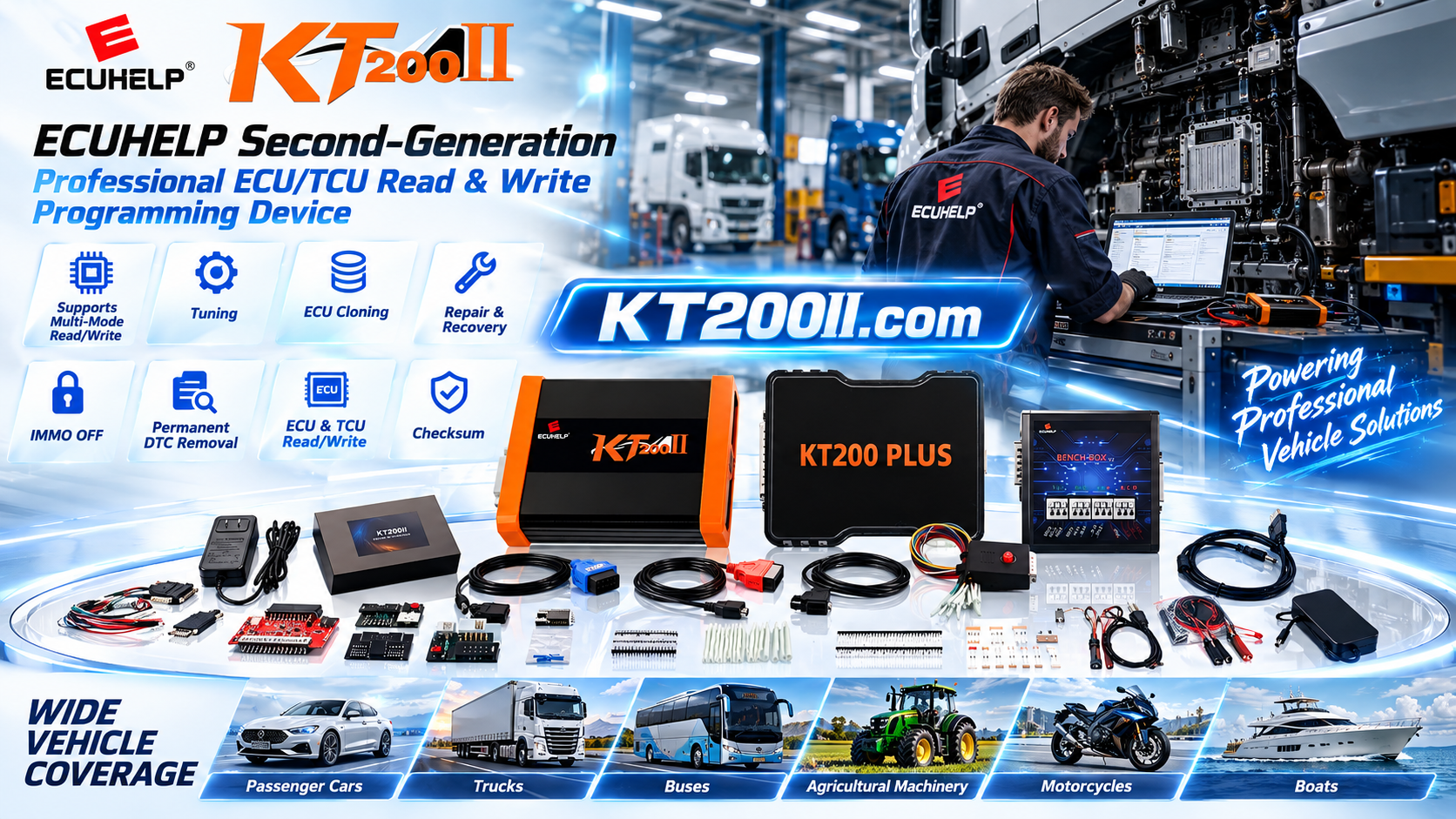 Technician completing a KT200II ECU programming job card in an automotive workshop