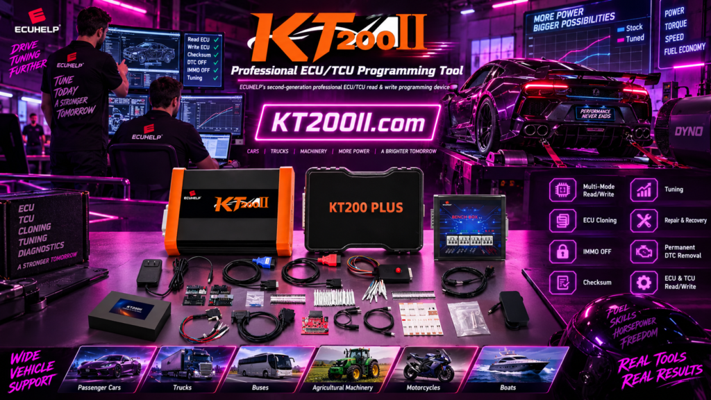 KT200II ECU programming pre-job checklist beside an ECU, laptop, harness, and regulated power supply