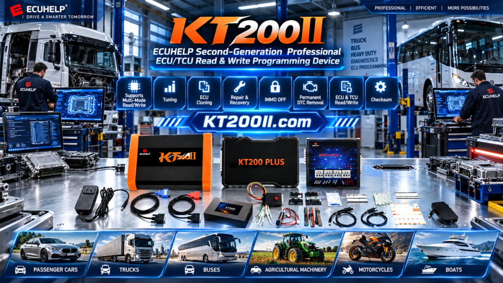 Technician checking KT200II ECU programming safety checklist before connecting an ECU