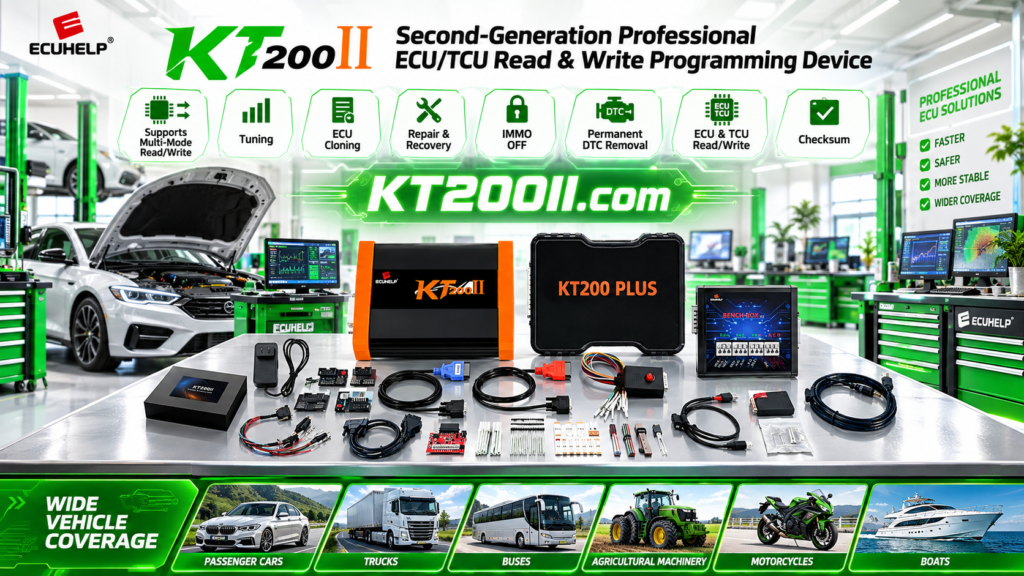 KT200II technician diagnosing an ECU programming communication error on a workshop computer
