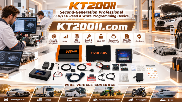 Technician measuring voltage drop during a KT200II ECU programming preparation procedure