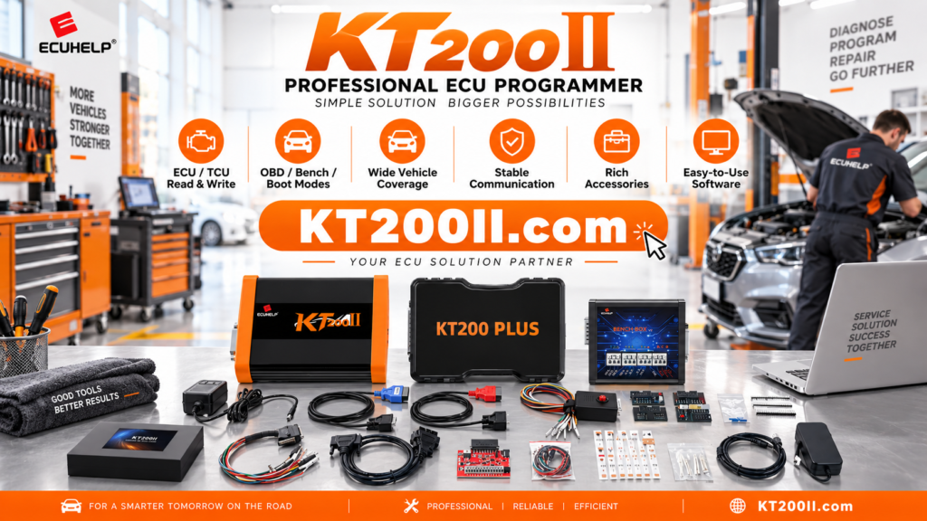 KT200II ECU Programmer recovering ECU communication failure with professional backup and programming workflow