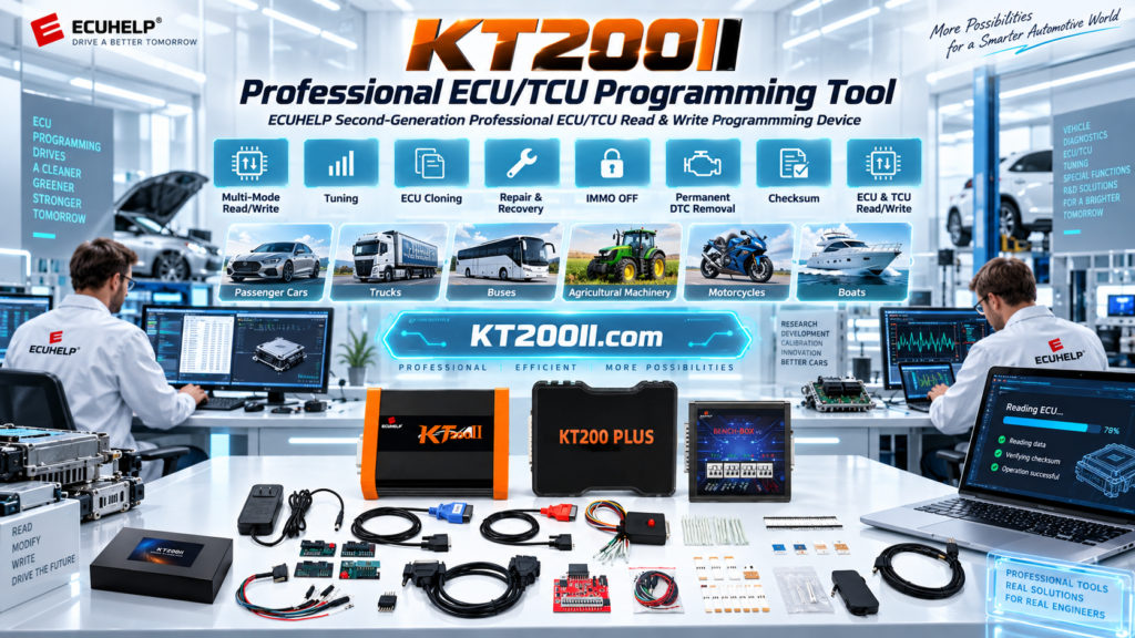 KT200II connected to an electric vehicle inverter on a professional electronics workbench