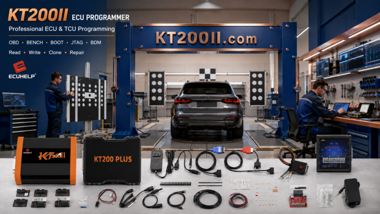 KT200II connected to a Ford Bosch EDC17C70 ECU for OBD and Bench identification, wiring verification, original backup, reading and writing