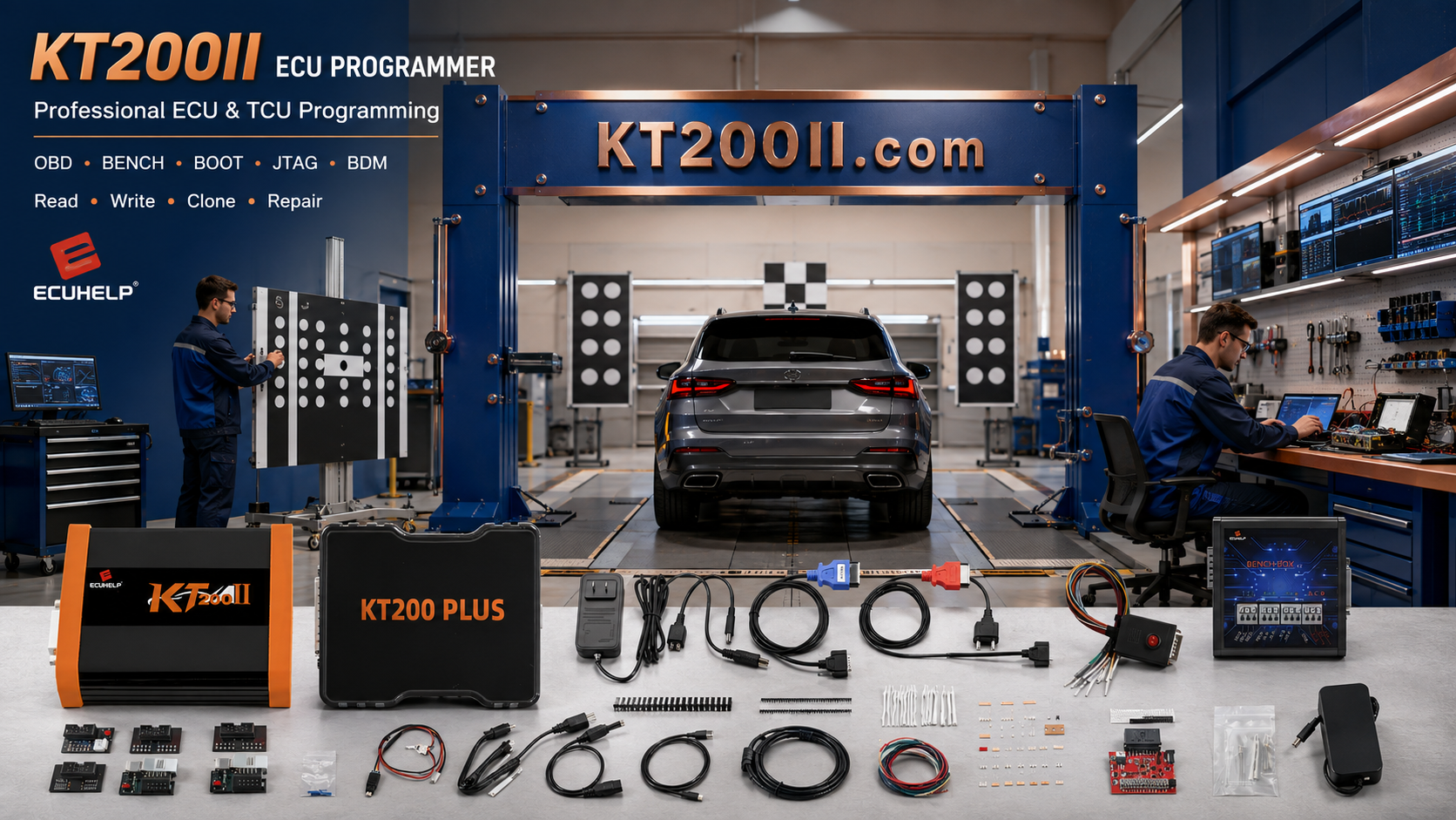 KT200II connected to a Ford Bosch EDC17C70 ECU for OBD and Bench identification, wiring verification, original backup, reading and writing