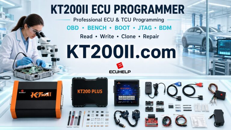 KT200II connected to a 2013 Ford Mondeo Bosch MED17.2 EcoBoost ECU for OBD identification, original backup, reading and writing