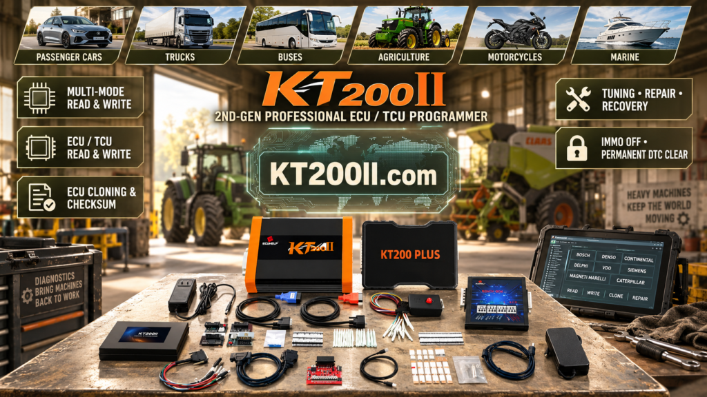 KT200II Bosch MED17.5 ECU programming setup with bench harness and professional power supply