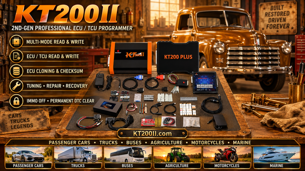 KT200II ECU programmer connected to a compatible marine engine ECU in a professional boat repair workshop