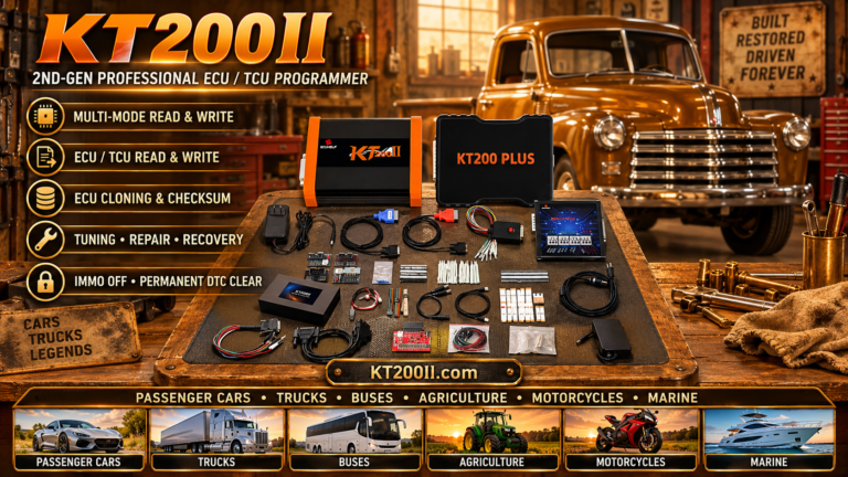 KT200II ECU programmer connected to a compatible marine engine ECU in a professional boat repair workshop